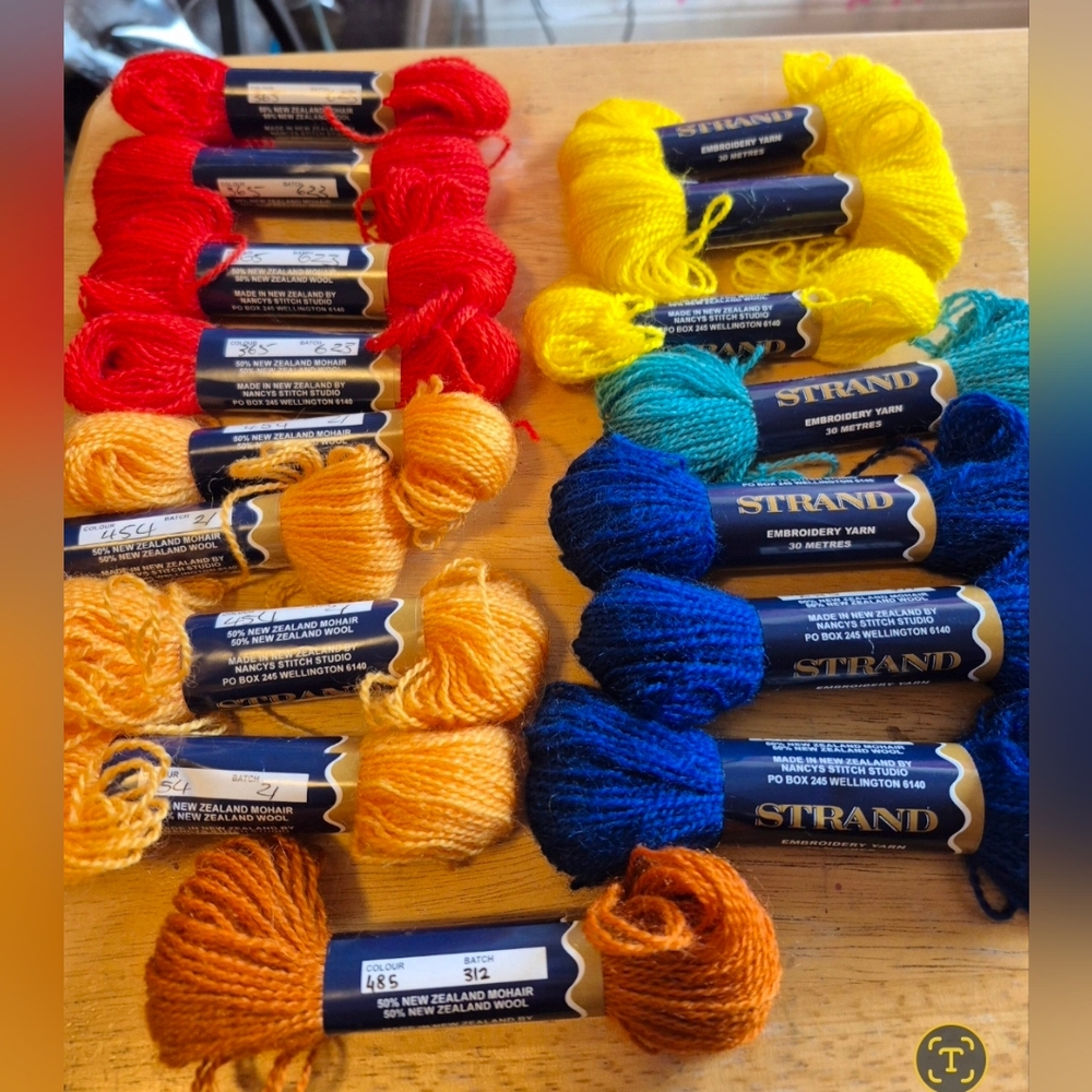 Embroidery wool threads (16) by Strand- - Red, Orange, Yellow, Blue, Rust